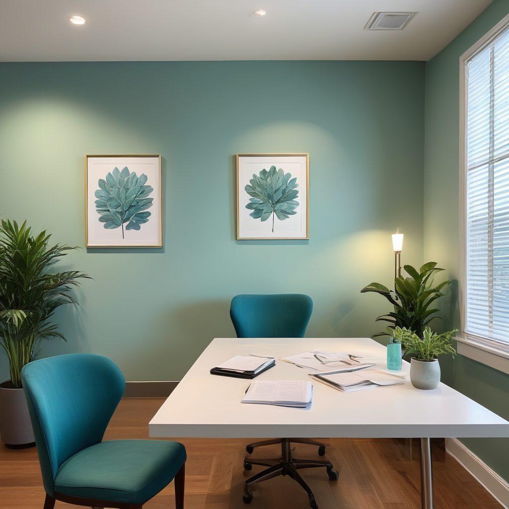 A serene scene depicting a confident individual consulting with a professional aesthetician. Incorporate elements of paperwork and contracts, symbolizing coverage and risk management. Use soft lighting to enhance the calming atmosphere and showcase subtle beauty tools in the background. A palette of muted blues and greens for tranquility. super-realistic. vibrant colors.