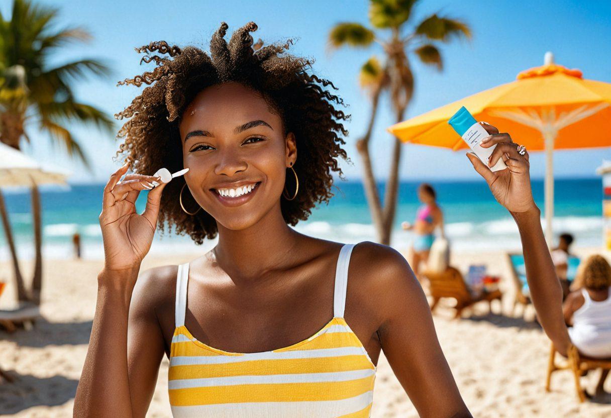 A stylish woman applying sunscreen on her face while smiling, surrounded by affordable beauty products like moisturizers and cosmetics with price tags visible. The scene should evoke a sense of confidence and affordability, with a sunlit beach backdrop. Incorporate elements of diversity showing different skin types enjoying skincare. bright colors. super-realistic. summer vibes.